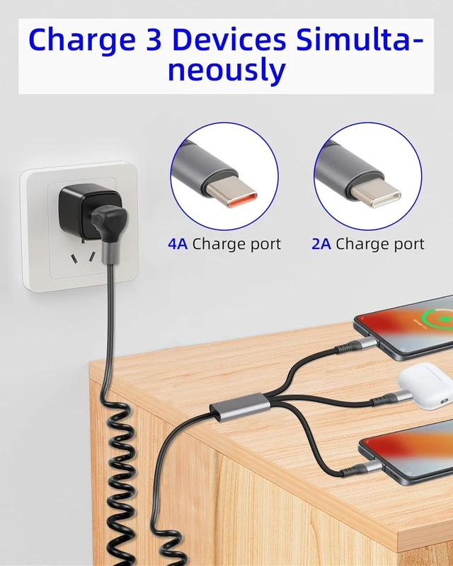 Alt view image 3 of 7 - GELRHONR 66W Coiled Multi USB C Fast Charging Cable 90 Degree, Right Angle 3 in 1 USB A to Type C Y Splitter Cable for Phone, Tablet, Power Bank (A to 3C)
