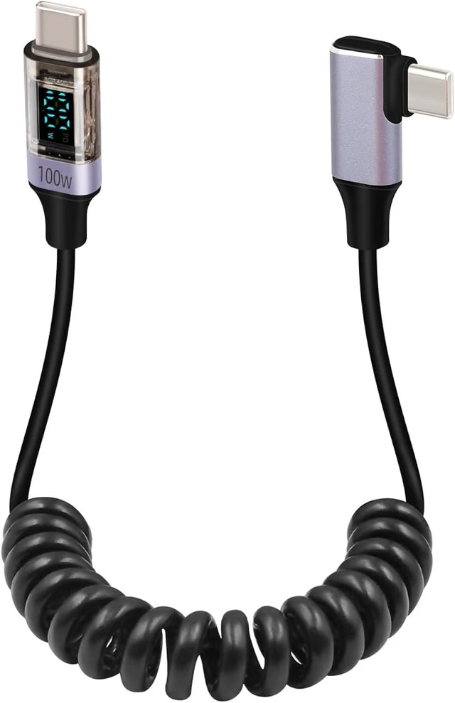 Main image of GELRHONR Coiled USB C to USB C Cable with LED Display, 90 Degree PD 100W Fast Charging Retractable USBC Cord for Phones, Tablets, Power Bank and More (90 Degree C to C)