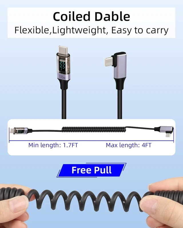 Alt view image 7 of 7 - GELRHONR Coiled USB C to USB C Cable with LED Display, 90 Degree PD 100W Fast Charging Retractable USBC Cord for Phones, Tablets, Power Bank and More (90 Degree C to C)