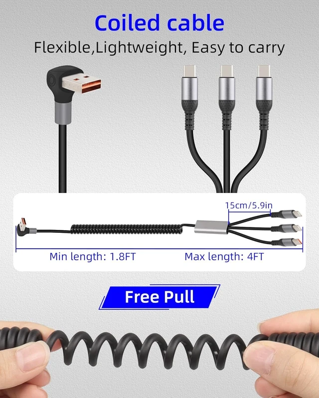 Alt view image 7 of 7 - GELRHONR 66W Coiled Multi USB C Fast Charging Cable 90 Degree, Right Angle 3 in 1 USB A to Type C Y Splitter Cable for Phone, Tablet, Power Bank (A to 3C)