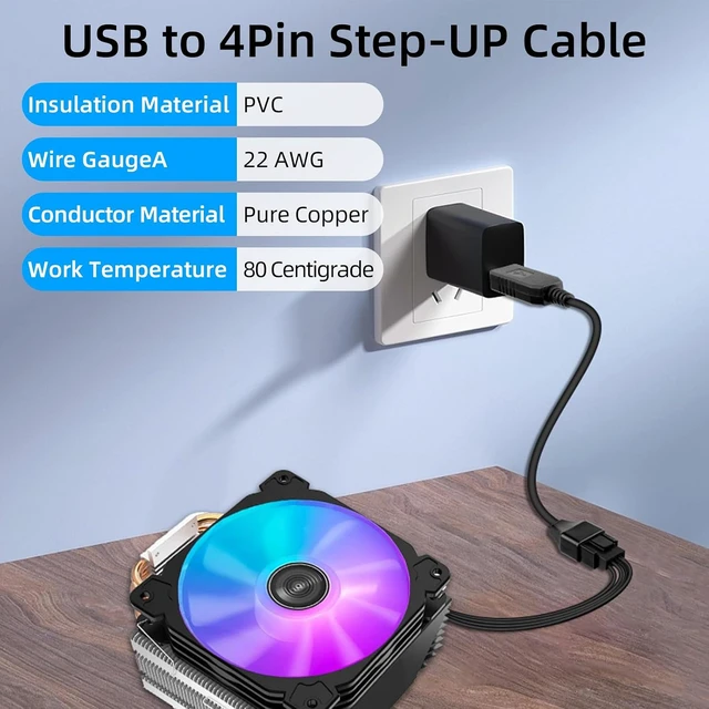 Alt view image 2 of 7 - GELRHONR 12V Step-Up USB to Fan Adapter, USB to 3Pin/4Pin Full Speed PC Fan Power Adapter Cable (1.6FT/0.5M)