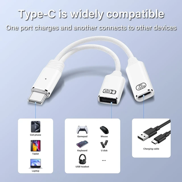 Alt view image 3 of 7 - SinLoon USB C to USB OTG Adapter 1 in 2 Splitter USB C Male to USB A Female with 100W PD Charging Cable Type C OTG Female for Smartphone, Tablet, Laptop, etc
