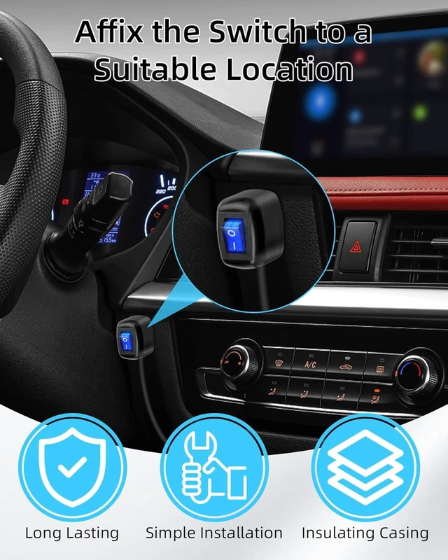 Alt view image 3 of 7 - GELRHONR 12V Small ON/Off Switch, Paste Type 12 Volts 10A Rocker Switch with LED Lights, Surface Mount DIY Automotive Push Button Swtich for Car, RV, Boat and More, 2FT (Blue LED, Small)