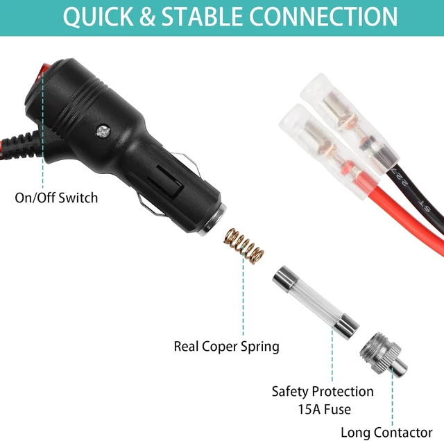 Alt view image 2 of 7 - GELRHONR 12 Volt Replacement Cigarette Lighter Male Plug with Leads & LED Light,16AWG 12V Car Cigarette Lighter Extension Cable with Switch Button and 15A Fuse Heavy Duty Cord (2M/6.5Ft)
