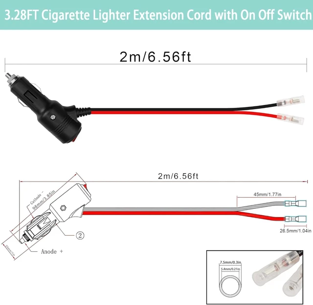 Alt view image 6 of 7 - GELRHONR 12 Volt Replacement Cigarette Lighter Male Plug with Leads & LED Light,16AWG 12V Car Cigarette Lighter Extension Cable with Switch Button and 15A Fuse Heavy Duty Cord (2M/6.5Ft)