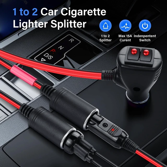 Alt view image 2 of 7 - SinLoon 12V Car Cigarette Lighter Splitter Adapter with 2 Independent Switches 16AWG Cigarette Lighter 1 Male to 2 Female Sockets Y Splitter Power Cable with 15A Fuse 0.3M/1FT