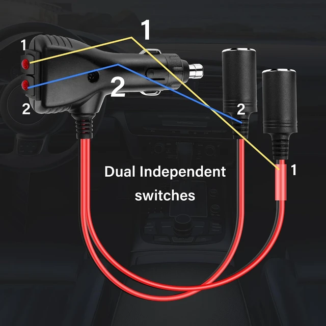 Alt view image 4 of 7 - SinLoon 12V Car Cigarette Lighter Splitter Adapter with 2 Independent Switches 16AWG Cigarette Lighter 1 Male to 2 Female Sockets Y Splitter Power Cable with 15A Fuse 0.3M/1FT