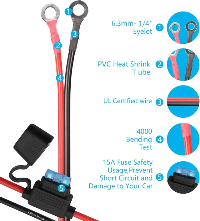 Alt view image 4 of 7 - Car & Motorcycle Battery Charger Cable,SinLoon 12V Waterproof Cigarette Lighter Female to Socket Eyelet Terminal Ring Terminal Harness Extension Cord with 15A Fuse((10FT,3 Meter)