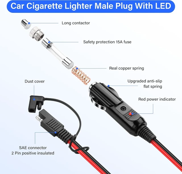 Alt view image 2 of 7 - SinLoon 14AWG Cigarette Lighter SAE Battery Charger Cable 12V Car Cigarette Lighter Plug to Waterproof SAE Quick Release Adapter Extension with Fuse and LED Light(10FT,3 Meter)