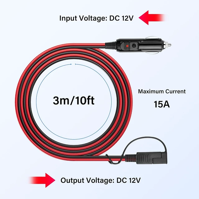 Alt view image 7 of 7 - SinLoon 14AWG Cigarette Lighter SAE Battery Charger Cable 12V Car Cigarette Lighter Plug to Waterproof SAE Quick Release Adapter Extension with Fuse and LED Light(10FT,3 Meter)
