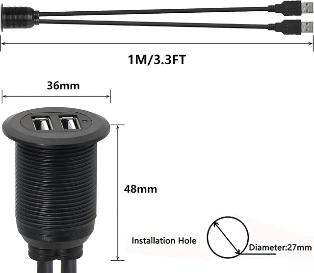 Alt view image 3 of 7 - SinLoon USB 2.0 Mount Cable 2 Ports Dual USB 2.0 Male to USB 2.0 Female AUX Flush Mount Car Mount Extension Cable for Car Truck Boat Motorcycle Dashboard Panel 3.3FT(USB 2.0)