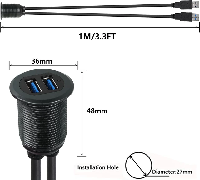 Alt view image 4 of 7 - SinLoon 3.3FT USB 3.0 Mount Cable Metal Shell Dual Ports USB A Male to Female AUX Flush Car Mount Extension Cord Compatible with Car, Truck, Boat, Motorcycle Dashboard Panel
