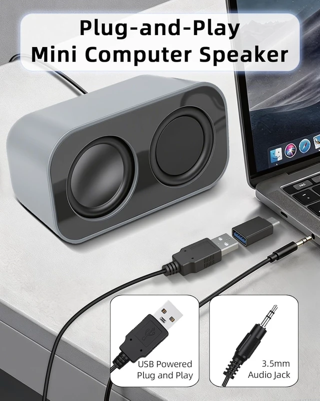 Alt view image 2 of 7 - GELRHONR Computer Speakers for Desktop PC, 2×3W Small Stereo Speakers,USB Powered with 3.5mm Aux and Volume Control,Plug and Play for Laptop,Tablet 1.2M,Grey