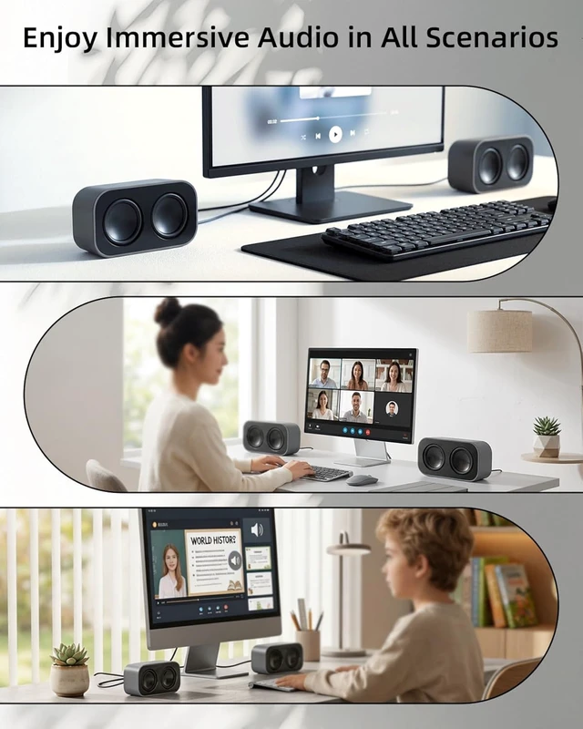 Alt view image 4 of 7 - GELRHONR Computer Speakers for Desktop PC, 2×3W Small Stereo Speakers,USB Powered with 3.5mm Aux and Volume Control,Plug and Play for Laptop,Tablet 1.2M,Grey