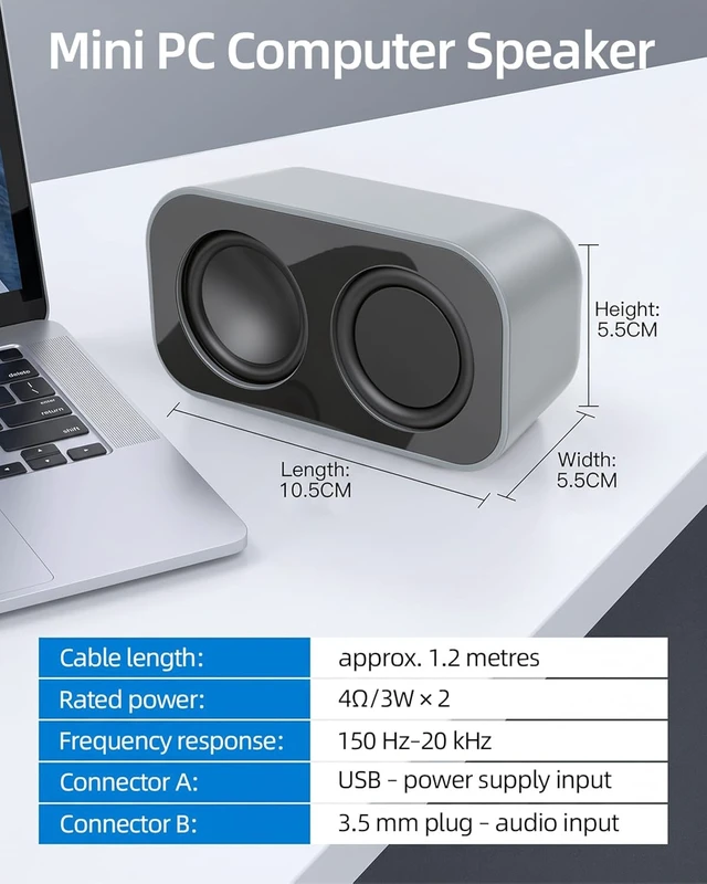 Alt view image 5 of 7 - GELRHONR Computer Speakers for Desktop PC, 2×3W Small Stereo Speakers,USB Powered with 3.5mm Aux and Volume Control,Plug and Play for Laptop,Tablet 1.2M,Grey