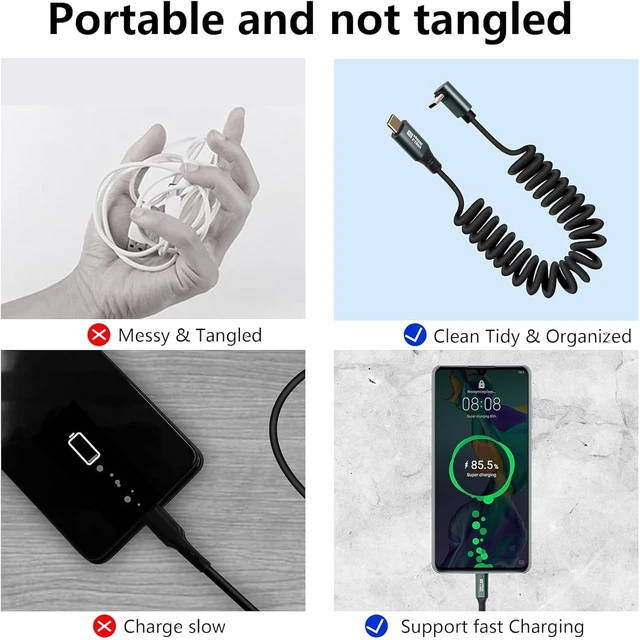 Alt view image 3 of 7 - GELRHONR 90 Degree USB C to USB C Coiled Cable, USB 3.2 Gen 2 Spring Spiral Data Cable, Type-C Male to Male PD100W Fast Charging 20Gbps, 8K@60Hz for Laptop, VR, Phones and Camera