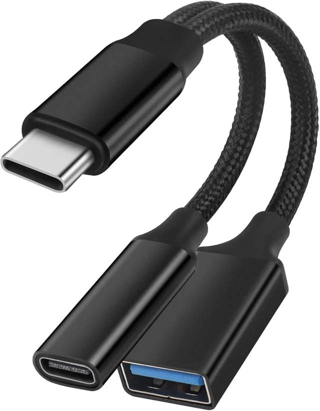 Main image of GELRHONR USB C OTG Charging Adapter, 2 in 1 Type-C Splitter With 10W Charging and USB A Female Port, Short Extension Cable for Most Type-C Phones, Fan, Printer (Black)