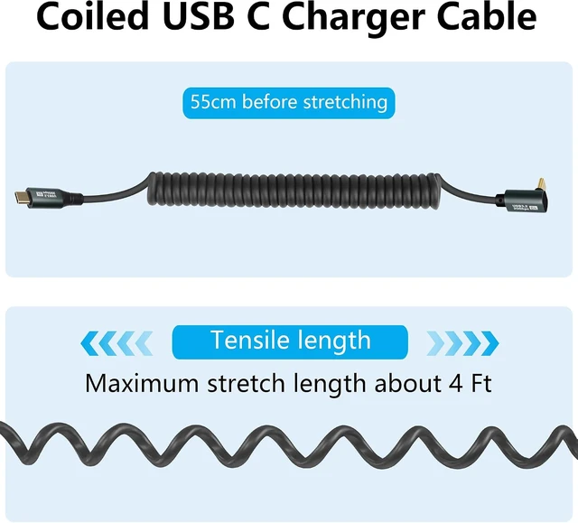 Alt view image 7 of 7 - GELRHONR 90 Degree USB C to USB C Coiled Cable, USB 3.2 Gen 2 Spring Spiral Data Cable, Type-C Male to Male PD100W Fast Charging 20Gbps, 8K@60Hz for Laptop, VR, Phones and Camera