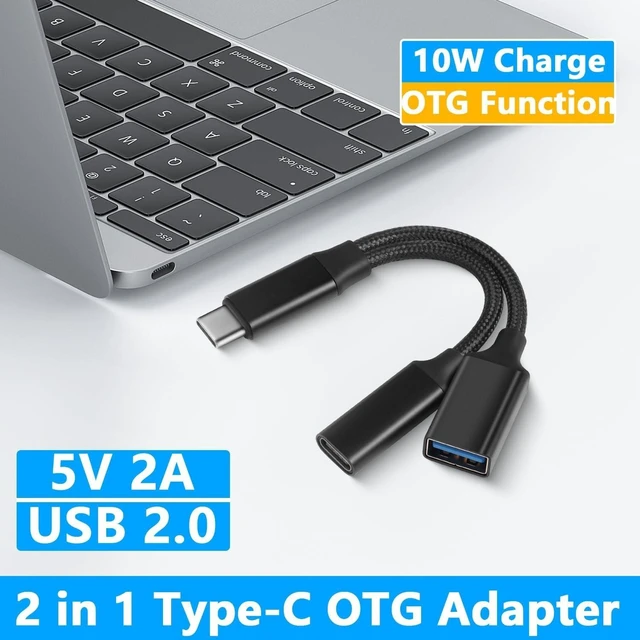 Alt view image 2 of 7 - GELRHONR USB C OTG Charging Adapter, 2 in 1 Type-C Splitter With 10W Charging and USB A Female Port, Short Extension Cable for Most Type-C Phones, Fan, Printer (Black)