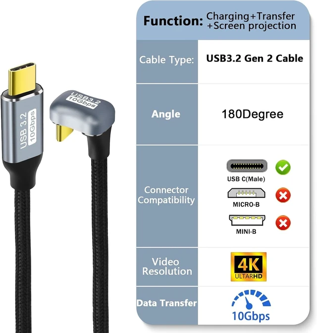 Alt view image 2 of 7 - GELRHONR U Shape USB C Fast Charging Cable, 180 Degree Angled USB 3.2 Gen 2 Cable, Type-C Male to Male PD100W Charging Cord, 10Gbps,4K@60Hz,for Laptop,VR,Phones,i/phone15/Pro Max (2M/6.5Ft)