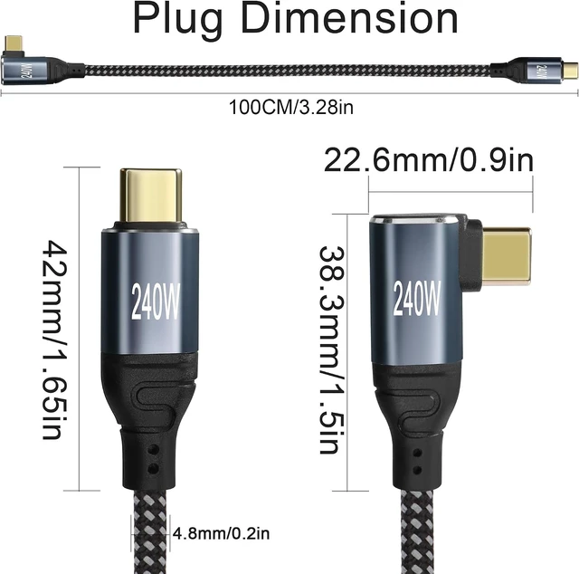 Alt view image 2 of 7 - GELRHONR 3.2ft Right Angle 240W USB C Charging Cable, PD3.1 240W Type C Fast Charging Cord Nylon Braided for Phones,Laptop,Tablet USB-C Devices,etc(Right 90 Degree-1M)
