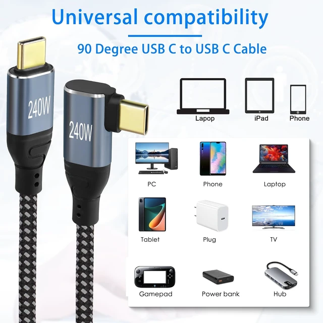 Alt view image 5 of 7 - GELRHONR 3.2ft Right Angle 240W USB C Charging Cable, PD3.1 240W Type C Fast Charging Cord Nylon Braided for Phones,Laptop,Tablet USB-C Devices,etc(Right 90 Degree-1M)