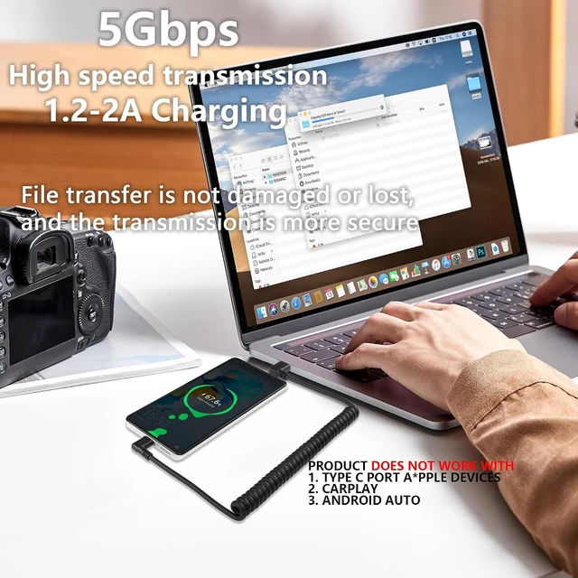 Alt view image 4 of 7 - SinLoon 90 Degree USB Type C Spring Cable 5Gbps Retractable USB3.0 to USB C Charging Cable and Data Transfer for Phone, Tablet, Other USB C Devices (Down)