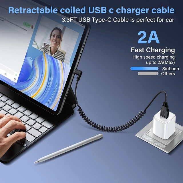 Alt view image 4 of 7 - SinLoon USB Type C Coiled Cable 5Gbps Retractable 90 Degree USB3.0 to USB C Charging Cable and Data Transfer for Phone, Tablet, Other USB C Devices (M to R)