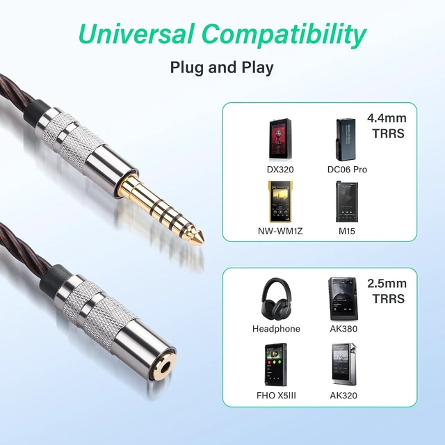 Alt view image 4 of 7 - SinLoon 4.4mm to 2.5mm Balanced Audio Adapter Cable, Gold Plated OFC Braided Cable, Balanced Male to Balanced Female Converter for HiFi DAP Headphone Amplifier (Bronze)
