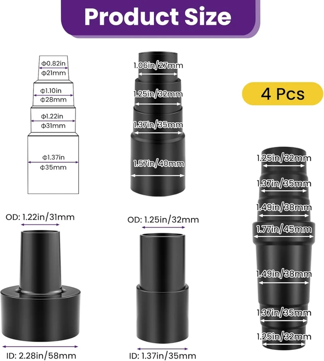 Alt view image 2 of 7 - 4Pcs Universal Vacuum Hose Adapters Kit, for Vacuum Brush Attachment
