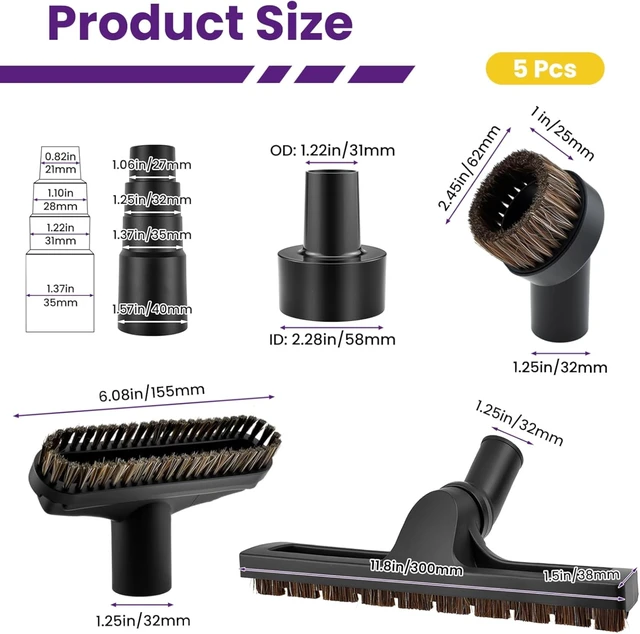 Alt view image 2 of 7 - 5Pcs Vacuum Brush Attachment Set, Horse Hair Brush for Hardwood Floor