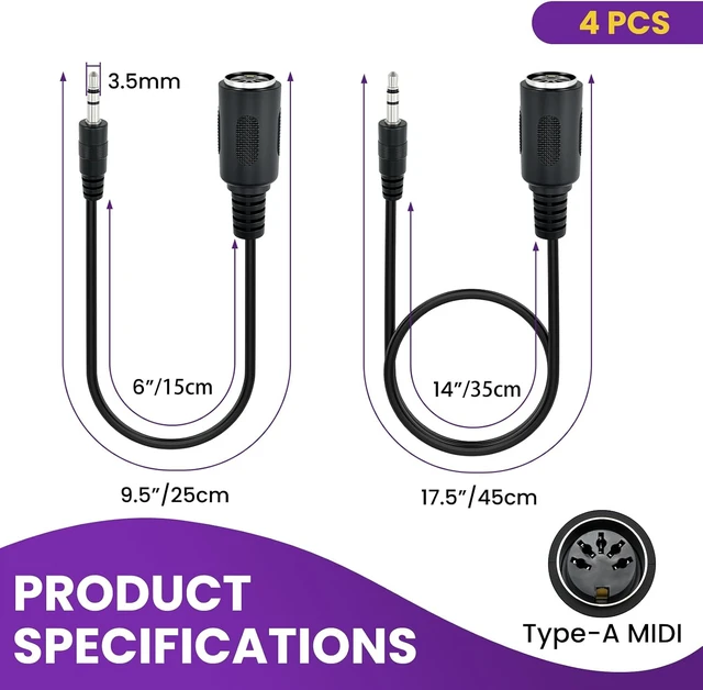 Alt view image 2 of 7 - 4Pcs Type-A MIDI to 3.5mm Adapter, 9" & 18" 5-Pin DIN MIDI Cables