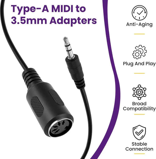 Alt view image 3 of 7 - 4Pcs Type-A MIDI to 3.5mm Adapter, 9" & 18" 5-Pin DIN MIDI Cables