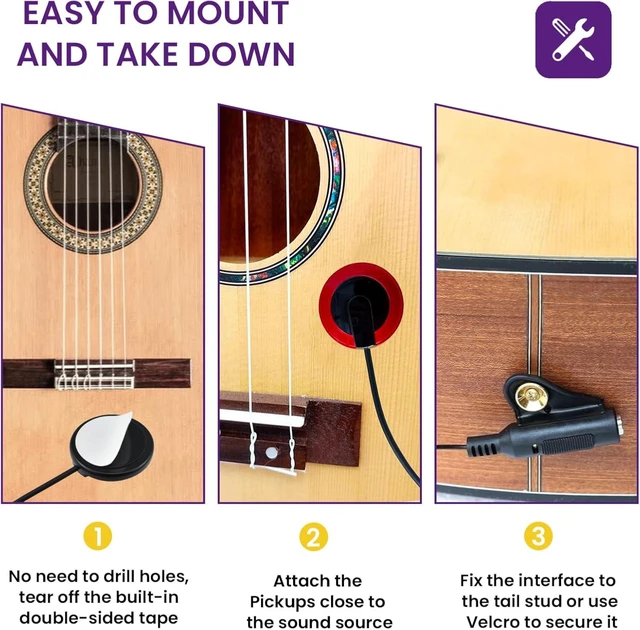 Alt view image 5 of 7 - 3 Pack Contact Microphone Piezo Pickup with 6Pcs Guitar Picks