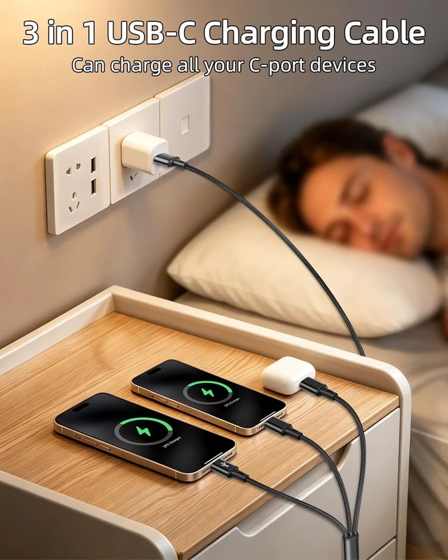 Alt view image 2 of 7 - GELRHONR 3 in 1 USB C Splitter Cable 1.25m 3A Type C Fast Charging Cord