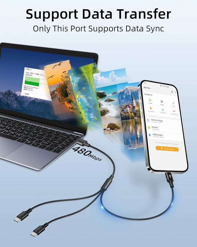 Alt view image 5 of 7 - GELRHONR 3 in 1 USB C Splitter Cable 1.25m 3A Type C Fast Charging Cord