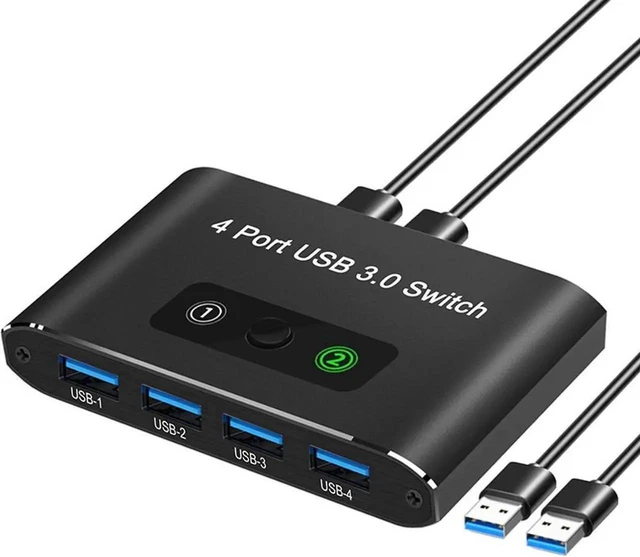 Main image of 2 in 4 Out USB Switch, USB 3.0 Switch, Aluminum KM Switch 2 Computers Sharing 4 USB Devices KM Switches 5V USB-C Powered for PC Printer Scanner Mouse Keyboard with 2 USB 3.0 Cable, One Button Switch