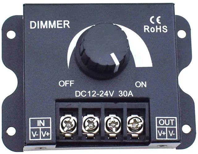 Main image of LED Light Strip Dimmer, DC 12V-24V 30A PWM Dimming Controller for Dimmer Knob Adjust Brightness ON/Off Switch with Aluminum Housing