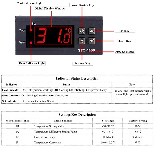 Alt view image 4 of 7 - STC-1000 Digital Temperature Controller DC 12V 10A Digital LED Temperature Controller with NTC Sensor Probe Heating Cooling Centigrade Thermostat 2 Relays Output