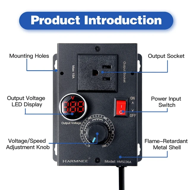Alt view image 3 of 7 - AC Motor Speed Controller 110-120V / 10A Rated / 15A Max AC Electric Voltage Regulator Variable Fan Speed Controller with Voltage LED Display Screen & Black-Coated Matt Metal Shell