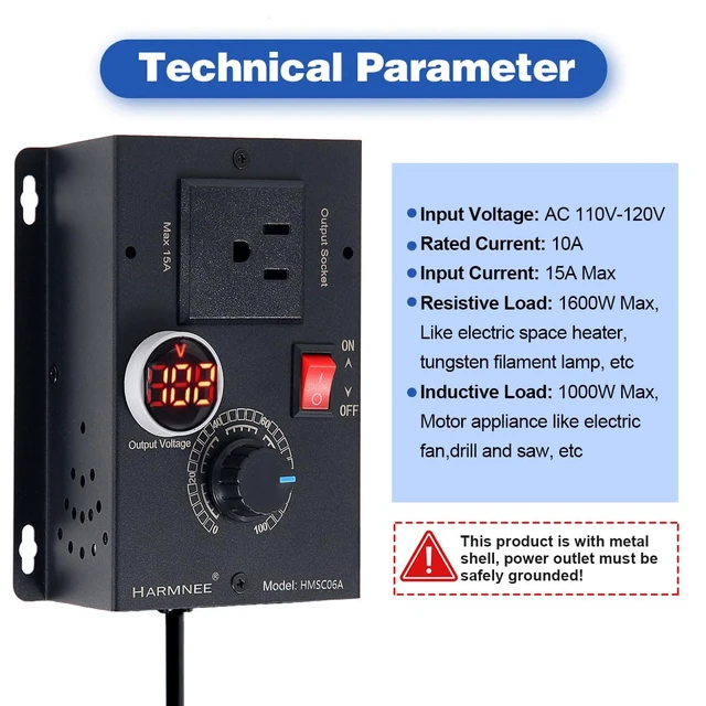 Alt view image 2 of 7 - AC Motor Speed Controller 110-120V / 10A Rated / 15A Max AC Electric Voltage Regulator Variable Fan Speed Controller with Voltage LED Display Screen & Black-Coated Matt Metal Shell