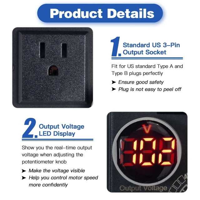 Alt view image 6 of 7 - AC Motor Speed Controller 110-120V / 10A Rated / 15A Max AC Electric Voltage Regulator Variable Fan Speed Controller with Voltage LED Display Screen & Black-Coated Matt Metal Shell