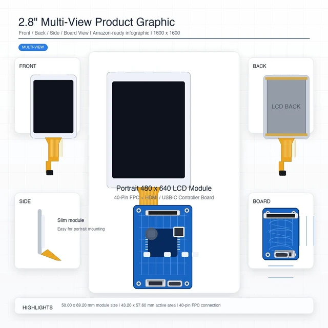 Alt view image 4 of 6 - TekGroAml 2.8 inch 480x640 IPS mini Square LCD Screen with H/D Driver Board 16.7M Color Display Module, for DIY & Embedded Use,Micro USB Power port