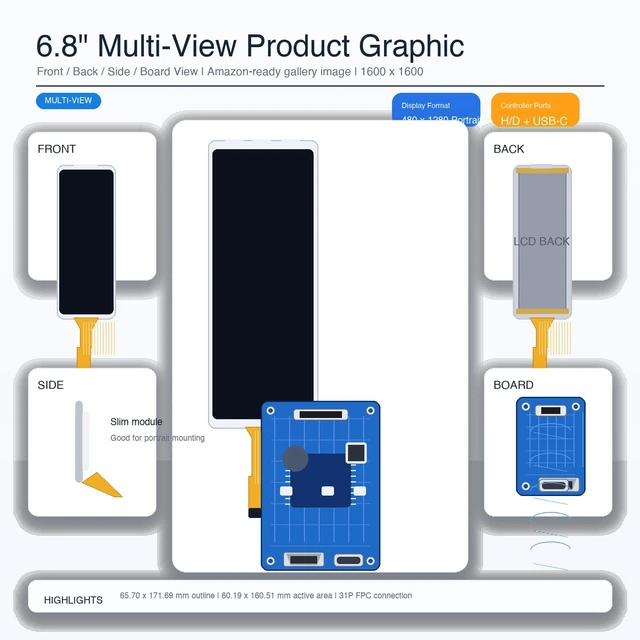 Alt view image 5 of 7 - TekGroAml 6.8 Inch Display Kit, 480x1280 LCD Screen & HDMI Driver Board for Embedded Display Projects ,Maker Dashboards,DIY CPU GPU Temperature Computer PC Case Display
