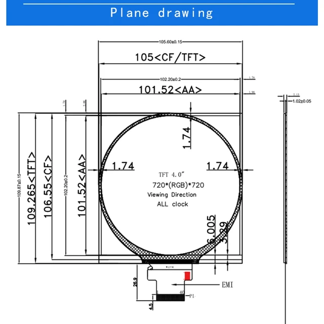 Alt view image 2 of 3 - TekGroAml 4-Inch Circular TFT LCD Display, 720x720, IPS All-View Angle, RGB Interface Module