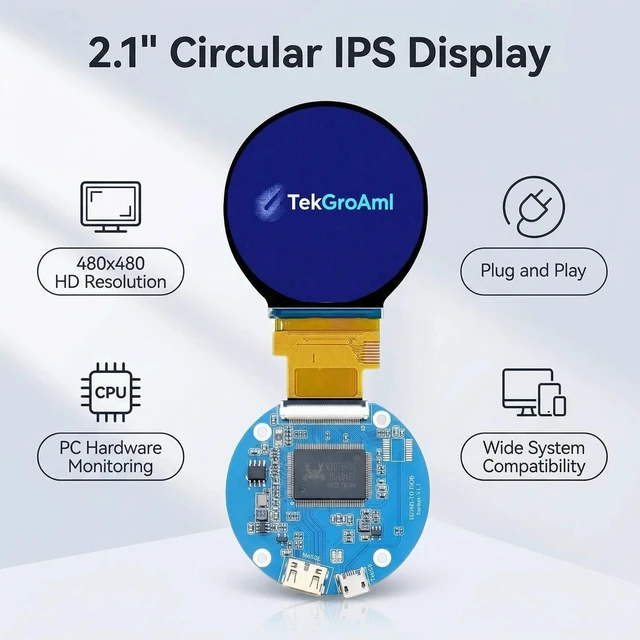 Alt view image 6 of 7 - TekGroAml 2.1 inch 480x480 400 nits Round LCD Display and Mini H/D Board for PC Sensor Panel, Flight Sim Dashboard, Smart Watch, Windows Compatible