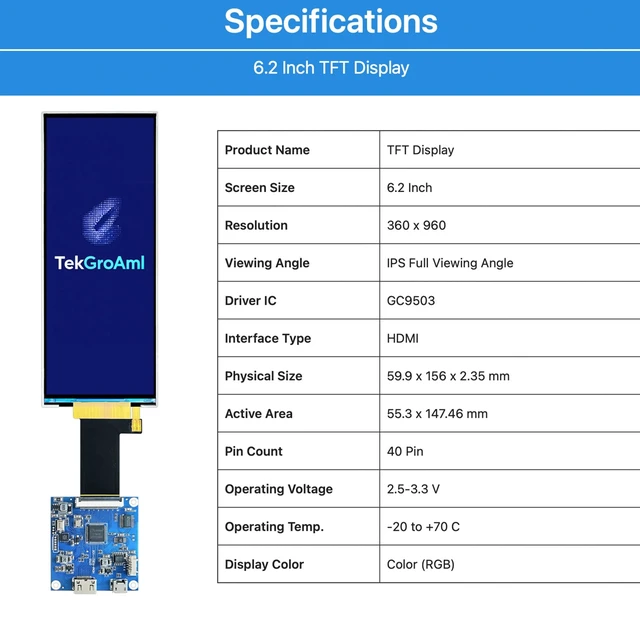 Alt view image 4 of 7 - TekGroAml 6.2 Inch 360x960 430 nits LCD Display,Mini H/D Board,USB 5V Power