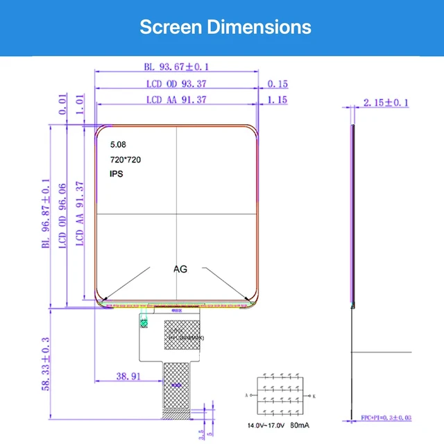 Alt view image 3 of 3 - TekGroAml 5.08 Inch Square IPS LCD Kit, 720x720, Micro H/D Board16.7M colors and all-direction viewing for dashboards and embedded projects
