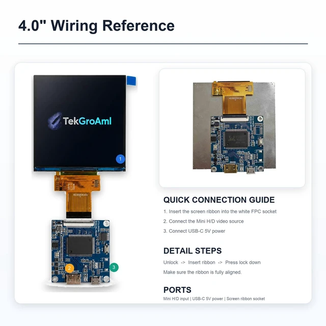 Alt view image 5 of 7 - TekGroAml 4 inch IPS Square LCD Display 720x720 300 nits , H/D Video Port for DIY Embedded Smart Machine, DIY Video Retro Gaming