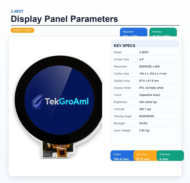 Alt view image 3 of 7 - TekGroAml 3.4 Inch Round LCD Touch Display 330 nit 800x800,H/D Video&USB Power Port IPS Capacitive Touch Sensor Screen, for Dashboard, Smart Control Panel, Windows Compatible